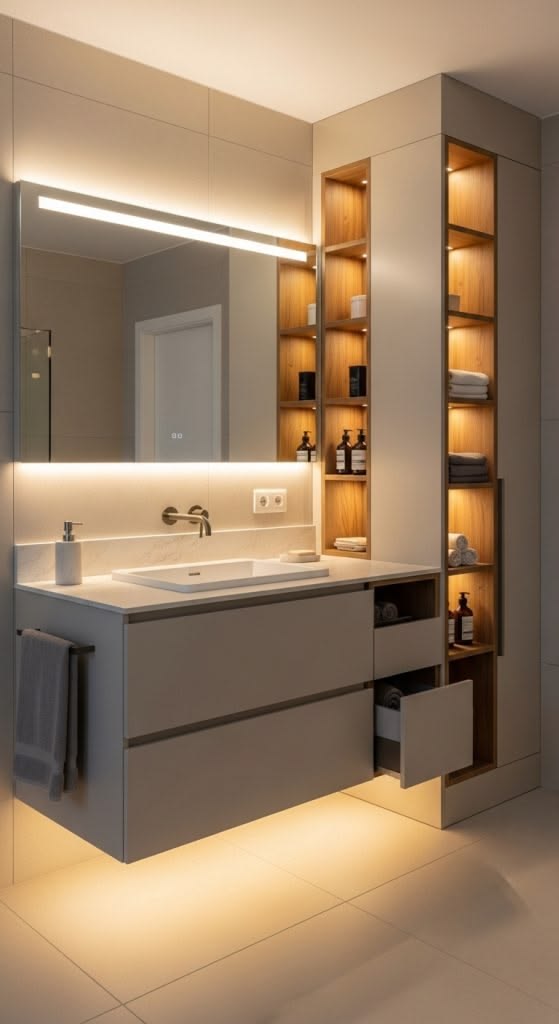 Frame ahşap ve çizgili duvar banyo modeli